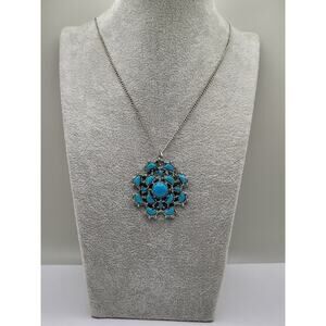 Vintage Silver Tone Turquoise Color Pendant Necklace 25"  Chain Floral Medallion